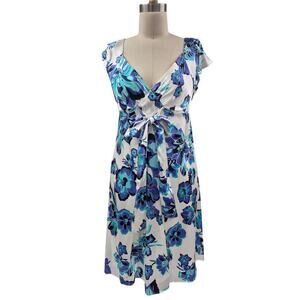 NWT Guess Stretch Silk Party Summer Dress White Blue/Teal Floral Print Sz 5/S